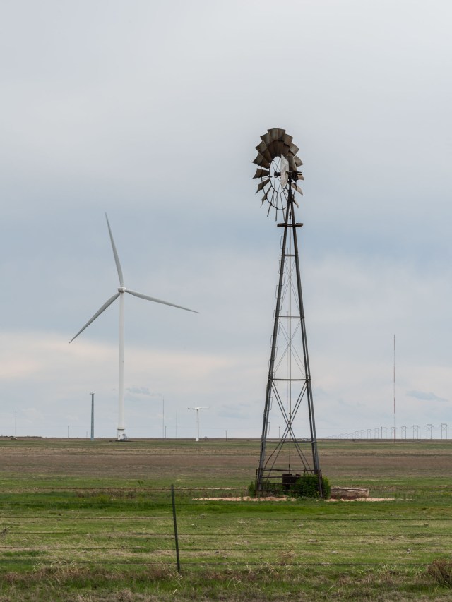 Wind Turbine and classic windmill on a ranch in the Texas Panhandle